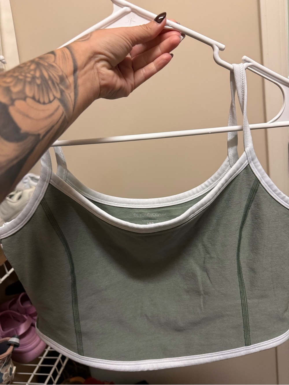 Beyond Yoga Sage Green Cropped Cami with White Trim